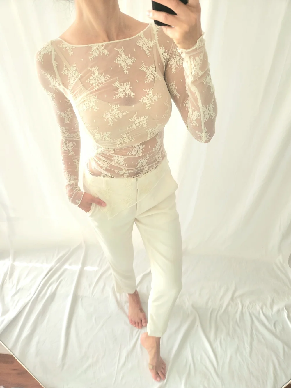 Free People Sheer Lace Long-Sleeve Top in Ivory